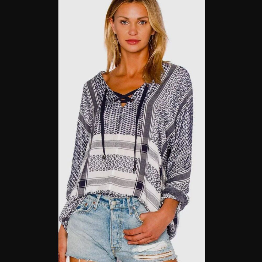 Rails x Anthropologie LILY YARN-DYED Jacquard Blue & White Plaid Top Size S